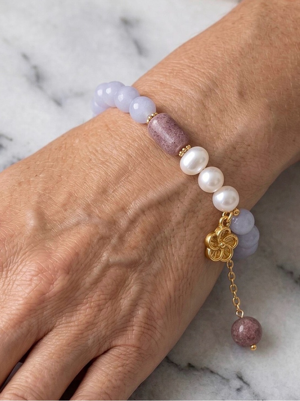 Aquamarine Bead & Pearl Charm Bracelet - Goldtone Accent
